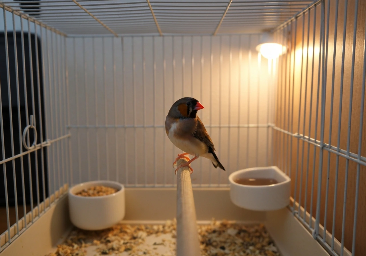 Small finch perched calmly inside a simple, well-prepared temporary enclosure with warm, clean setup items.