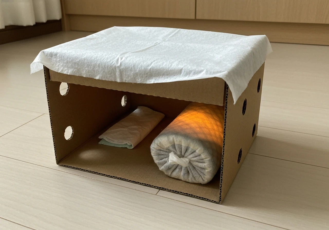 A humane cardboard rescue box with ventilation holes and warm fabric-lined heat source, ready for a small finch.