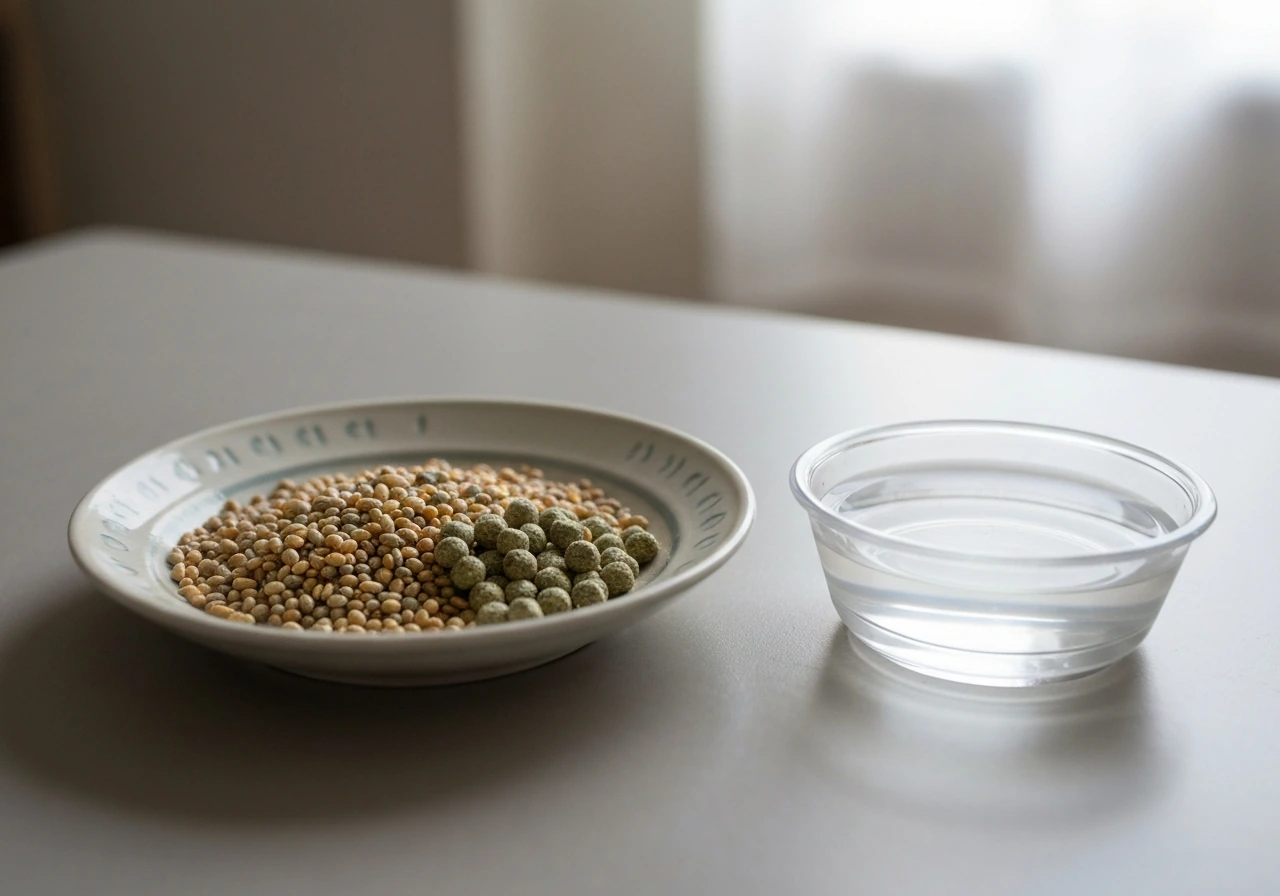 Two clean dishes for finch feeding: seed/pellet mix and fresh water, simple tabletop setting.