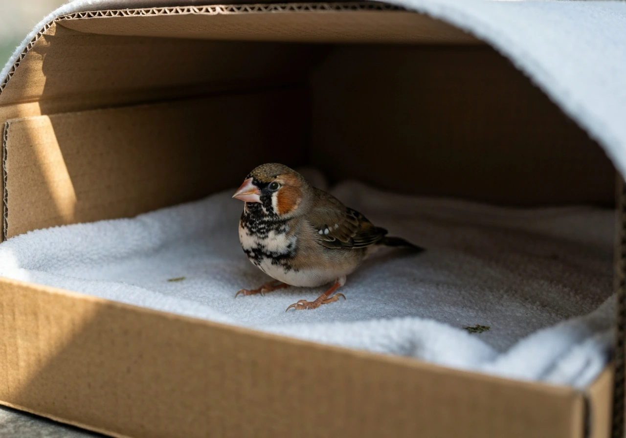 Close-up of a finch safely resting inside a dark, temporary cardboard rescue box.