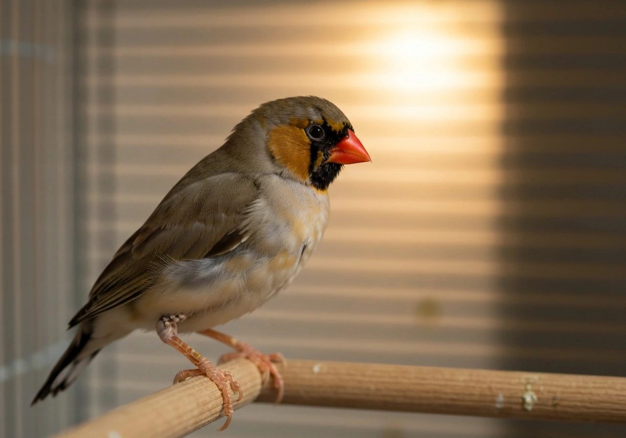 Close-up of a finch perched with slightly ruffled feathers, subtle scaly patches on the legs in soft daylight.