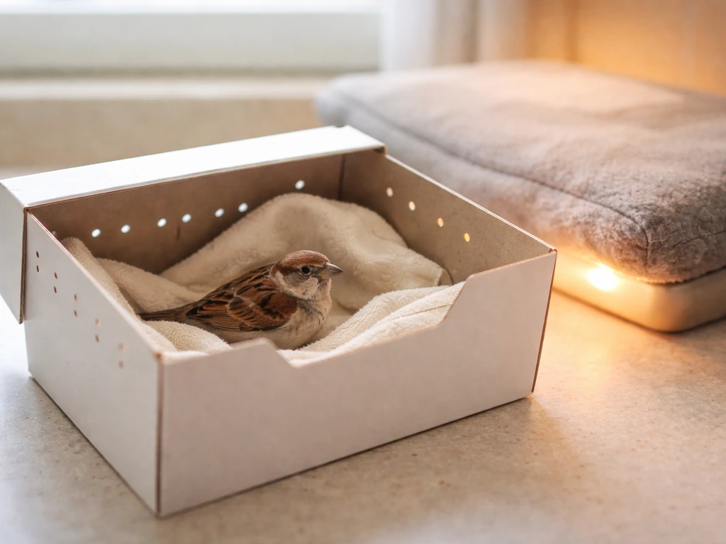 A small sparrow inside a warm, ventilated recovery box on a kitchen counter during emergency care.