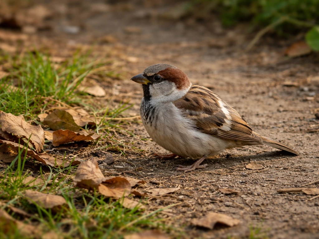 Small sparrow on grass and leaves, viewed from a safe distance to assess posture and possible injury.
