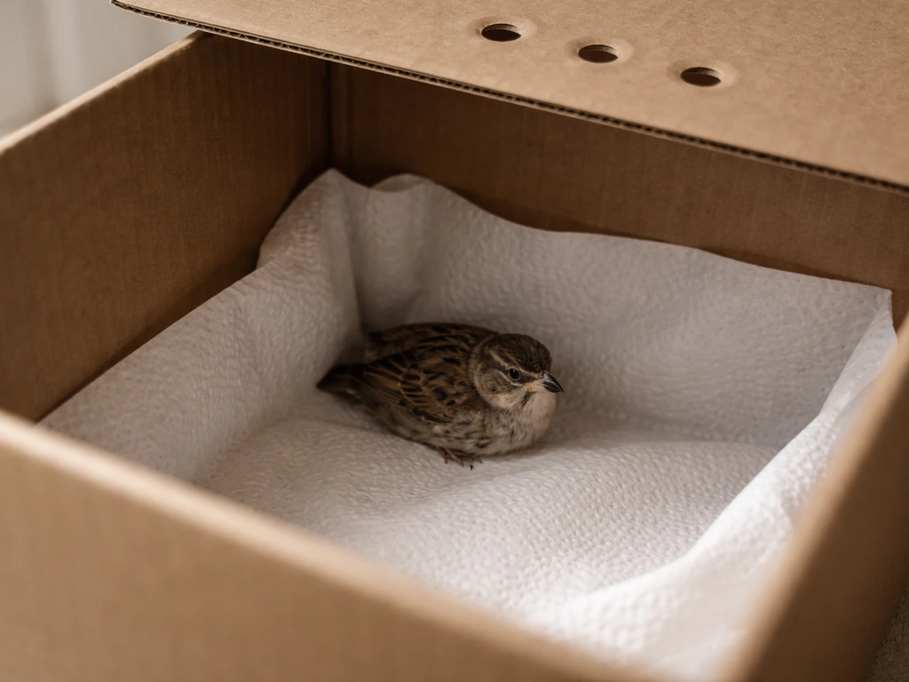 A dark, ventilated cardboard rescue box lined with paper towel, set up to shelter a small bird