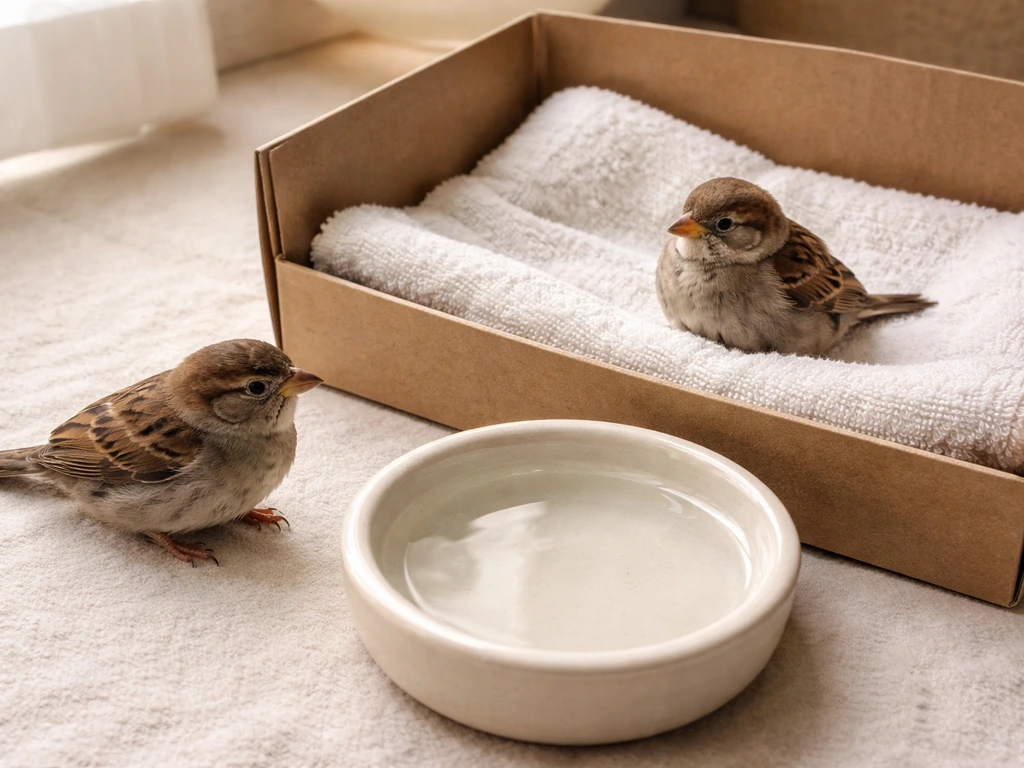 Two small sparrows on a towel: one near a shallow water dish, another being safely held in a warm box.