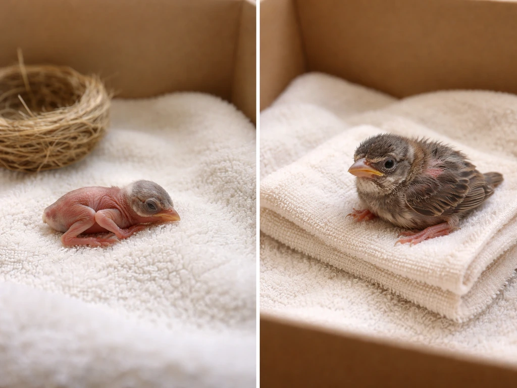 Two sparrow nestlings side-by-side: one featherless and one with minor injury, on a soft warm cloth.