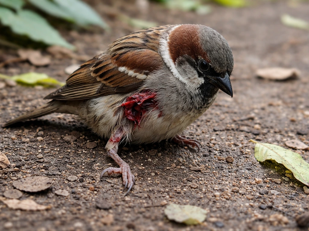 Short-distance close-up of an injured wild bird with visible bleeding and an open wound