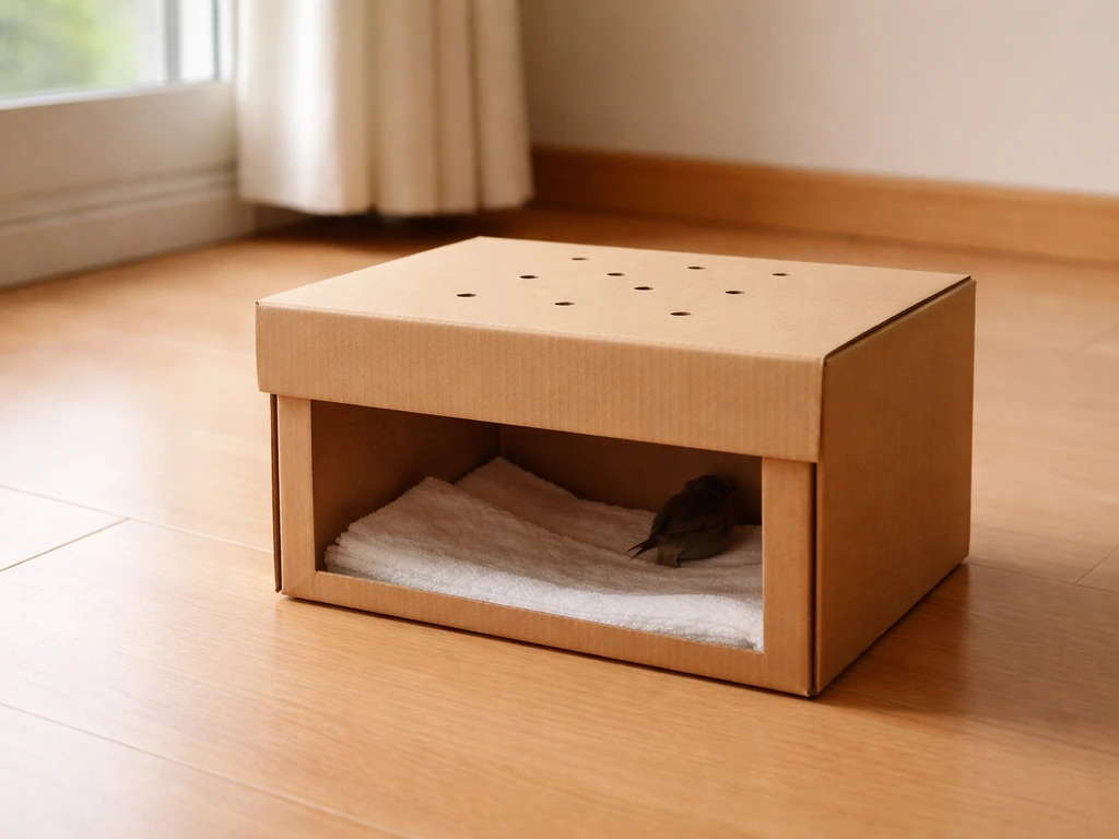 Small cardboard box with air holes and soft lining, warm quiet room setup with a tiny bird inside.