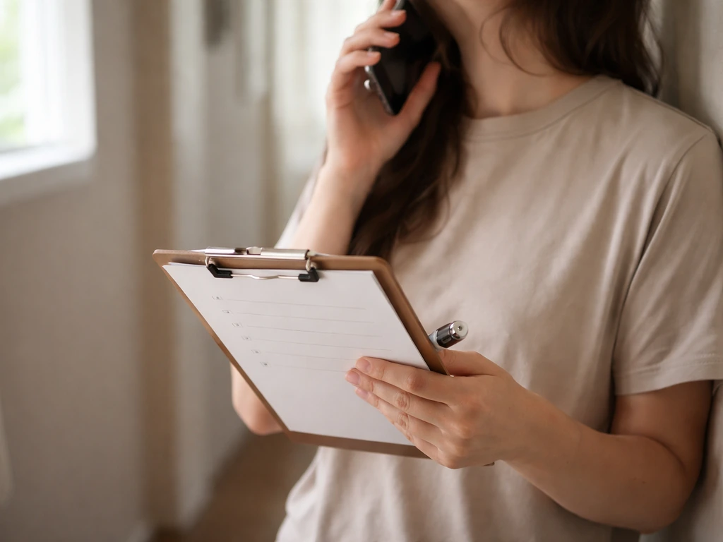 Adult on a call with a wildlife rehabilitator, holding a blank case-note checklist on a smartphone