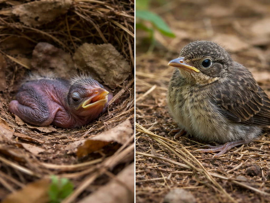 Side-by-side true nestling with closed eyes and scant feathers vs feathered fledgling on forest floor