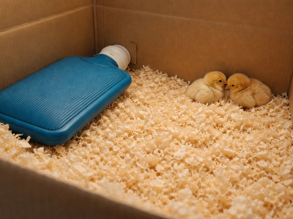 Small cardboard brooder lined with soft bedding and a warm water bottle beneath one side for chicks.