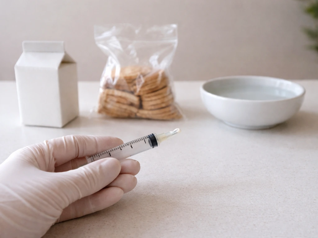 Close-up of a gloved hand holding a small feeding syringe beside a closed milk and bread items container.