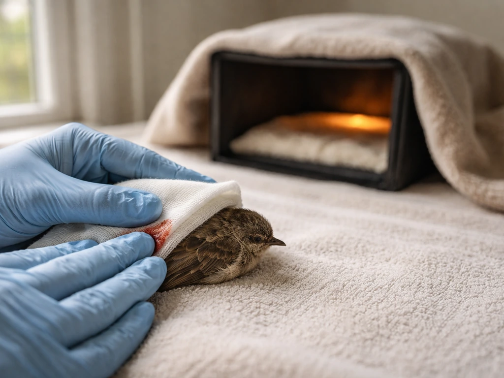 Gloved hands applying gentle pressure to a small bleeding spot next to a warm dark container for a bird
