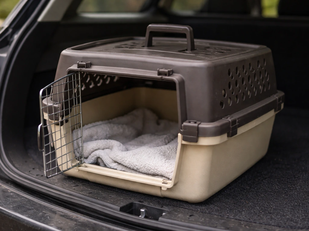 A ventilated dark transport box lined with a towel, staged for safe car transport.