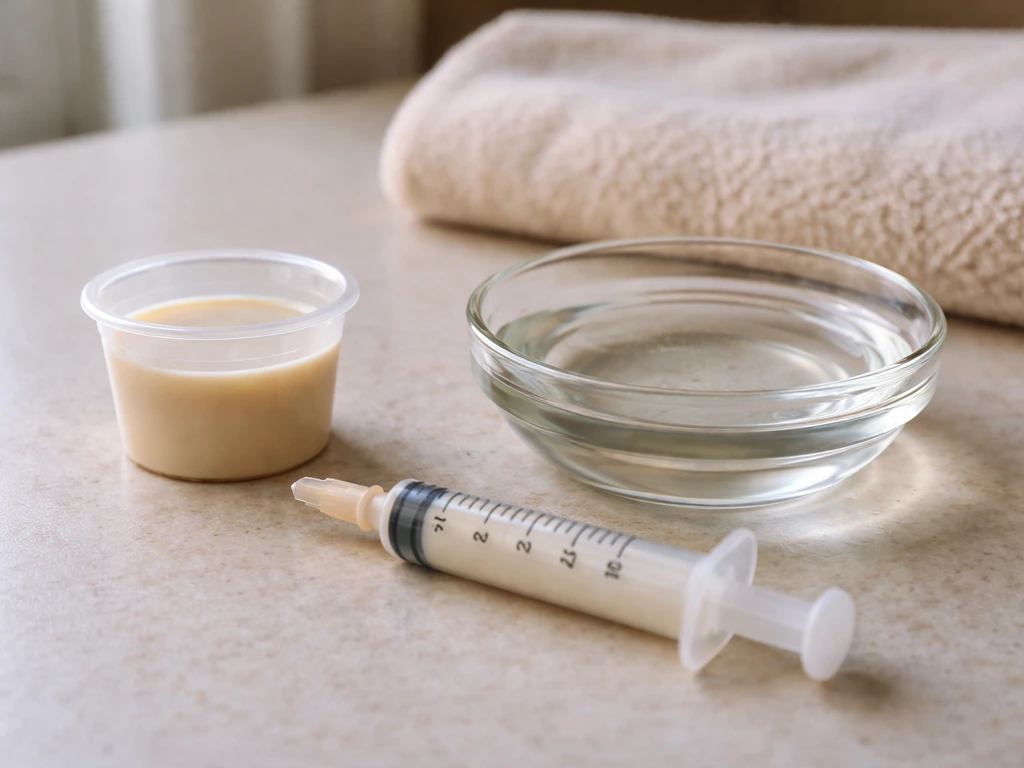 Minimal countertop scene showing avian critical-care formula cup, feeding syringe, and warm water bath.