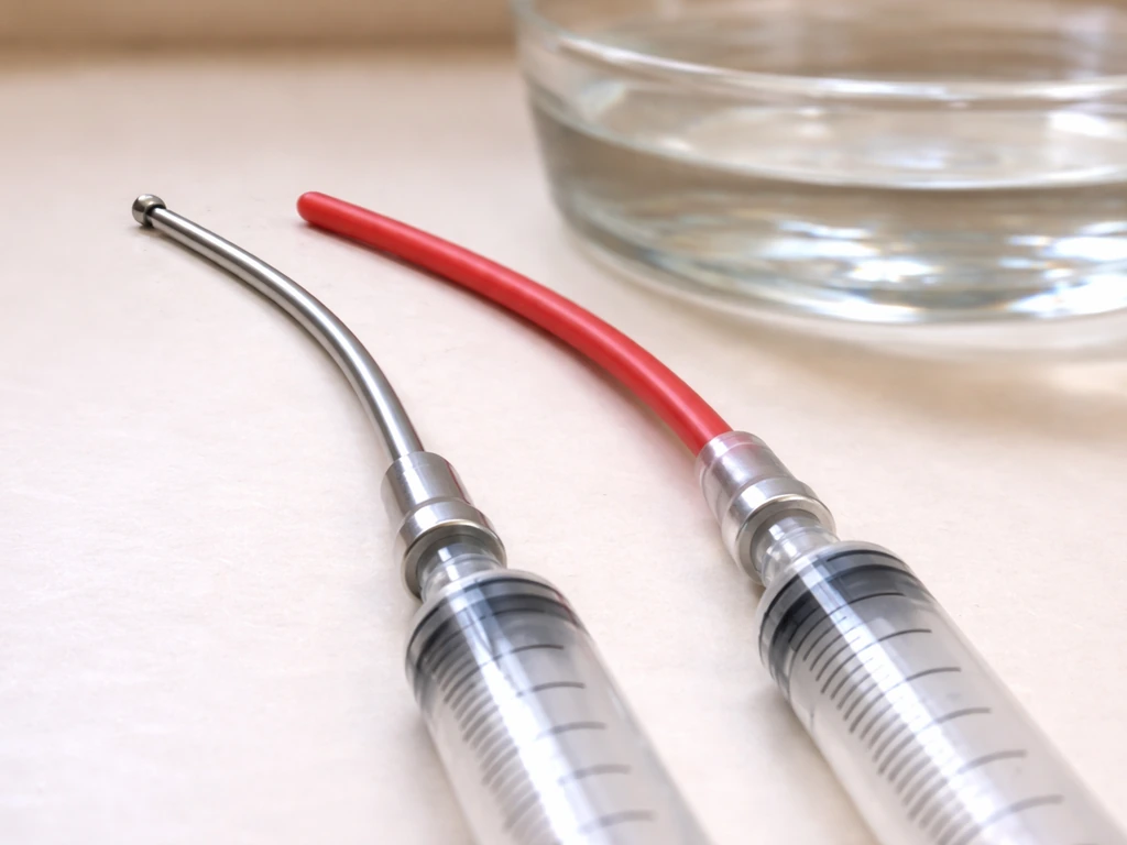 Closeup of a warm-prepared syringe connected to two avian feeding tubes—metal ball-tipped and red rubber, side-by-side.