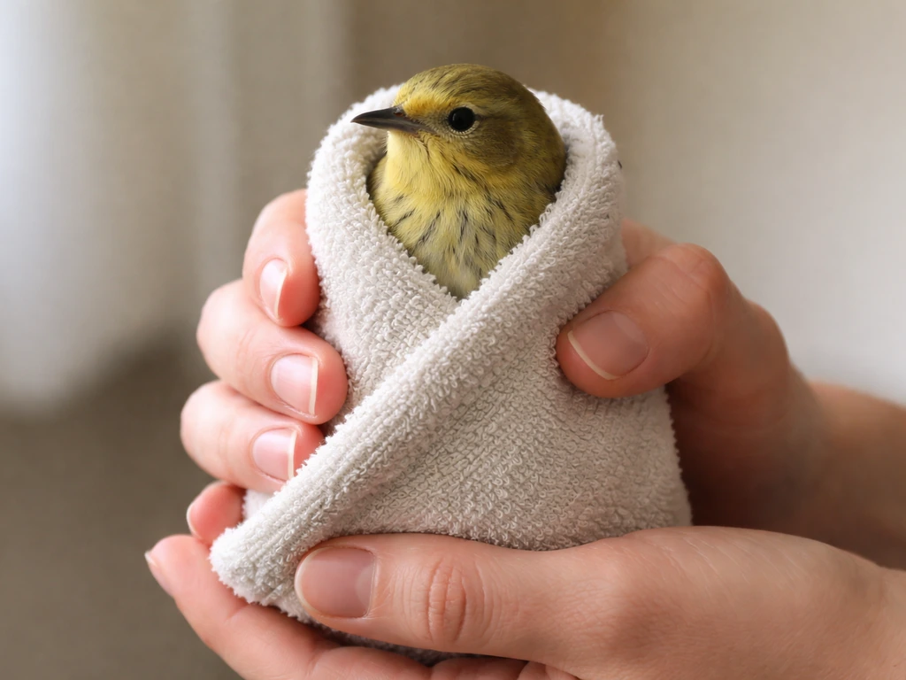 Small bird held upright in a towel wrap with wings gently restrained, head and neck free