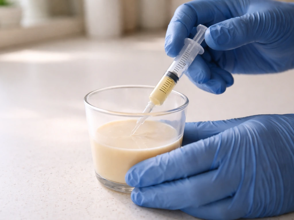 Gloved hands carefully filling a small syringe with measured formula, showing correct portion size.