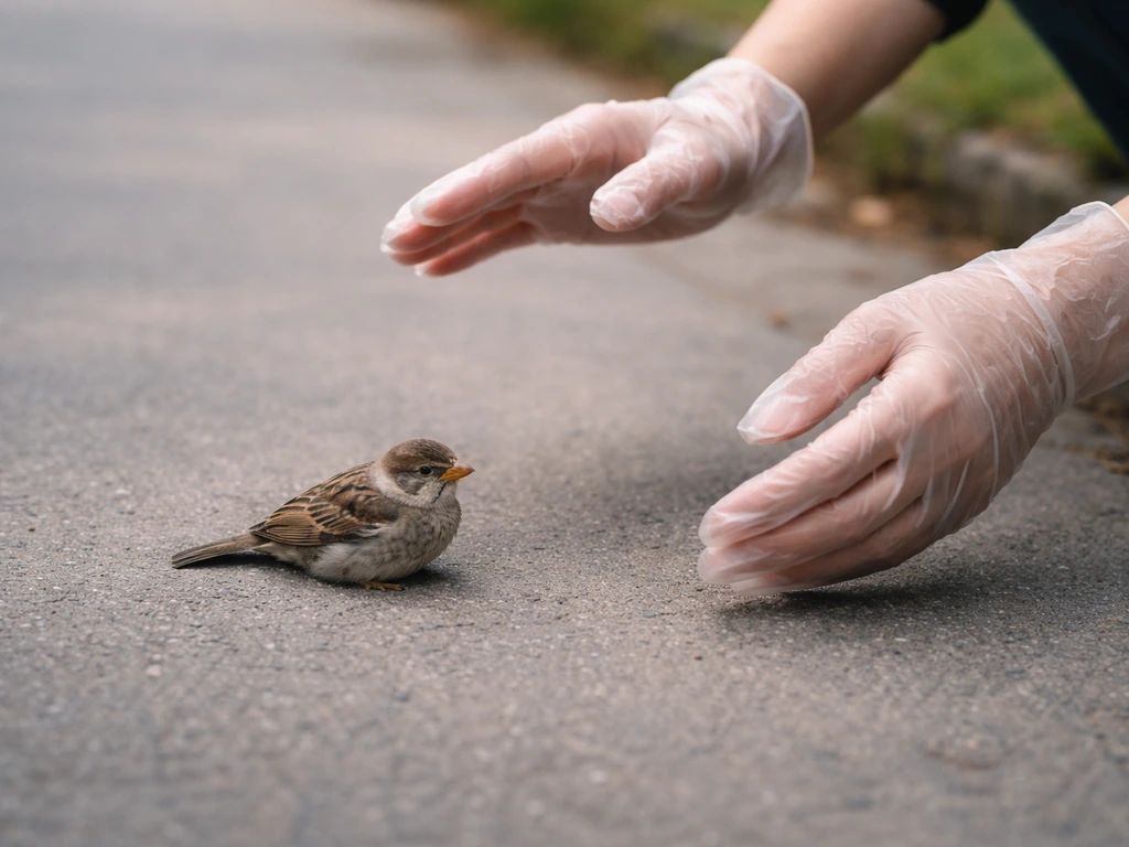 Disposable-gloved hands performing a cautious safety check near a resting bird on the ground