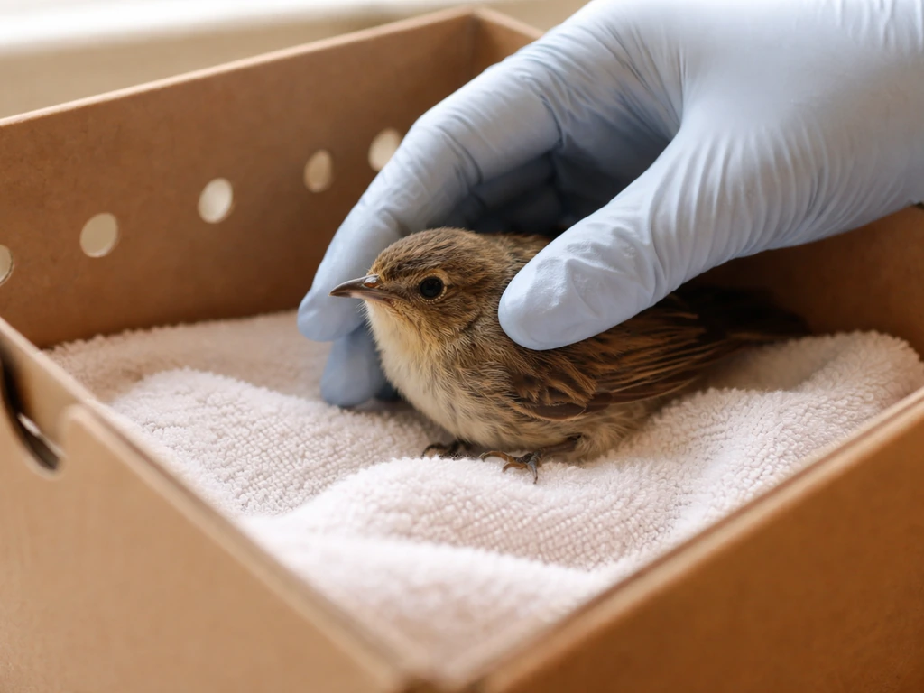 Gloved hand gently placing a small injured bird into a ventilated box for low-stress containment.