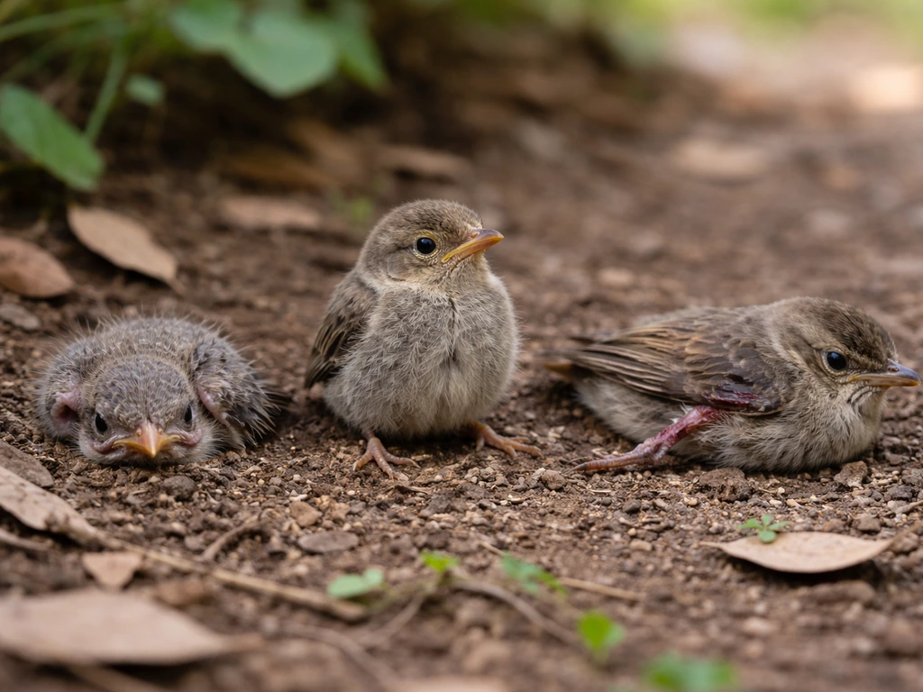 Three small birds side-by-side: feathered fledgling sitting up, sparse nestling, and an injured adult on the ground.