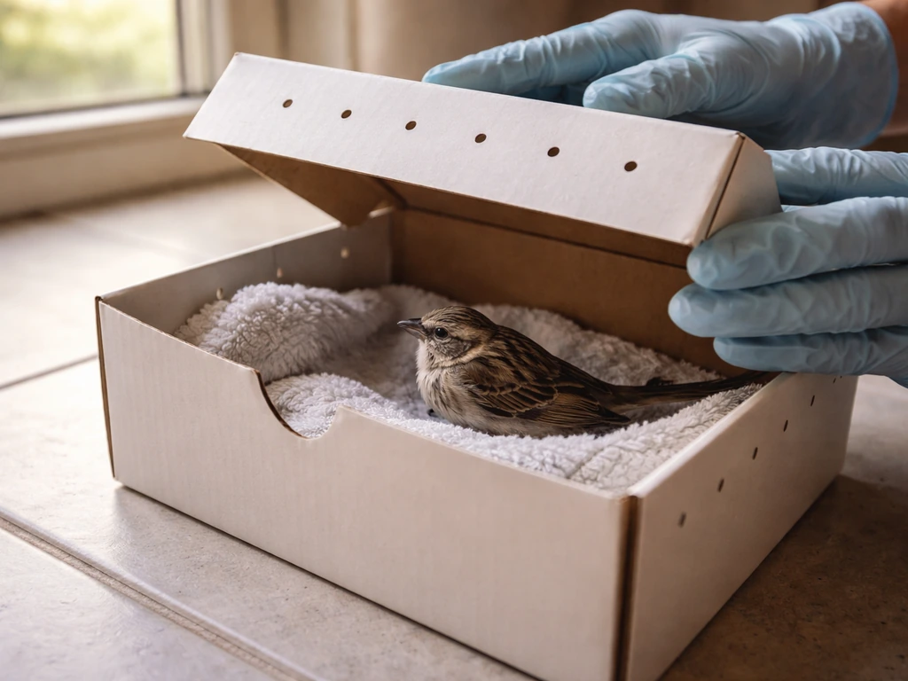 Injured small bird safely contained in a ventilated box with a towel barrier for humane first aid