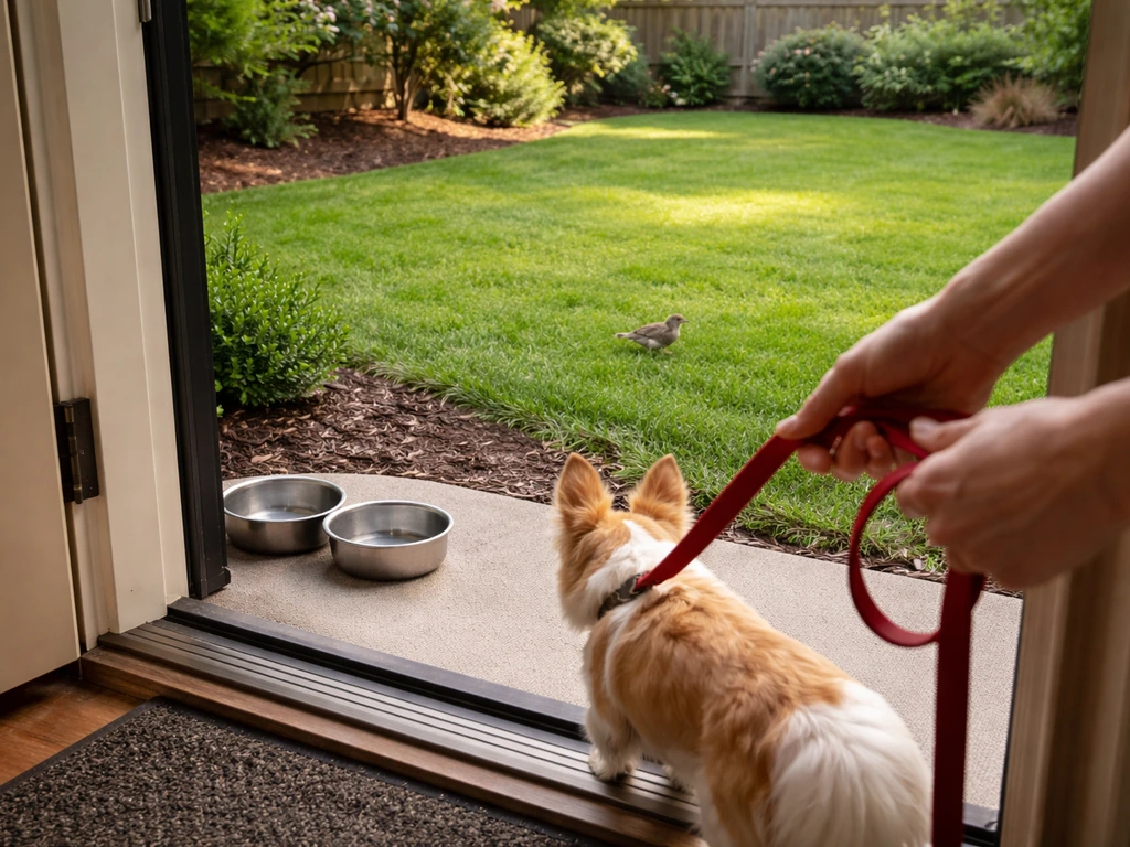 Hands holding a leash near a quiet yard, with pets kept away and an injured bird visible in grass.