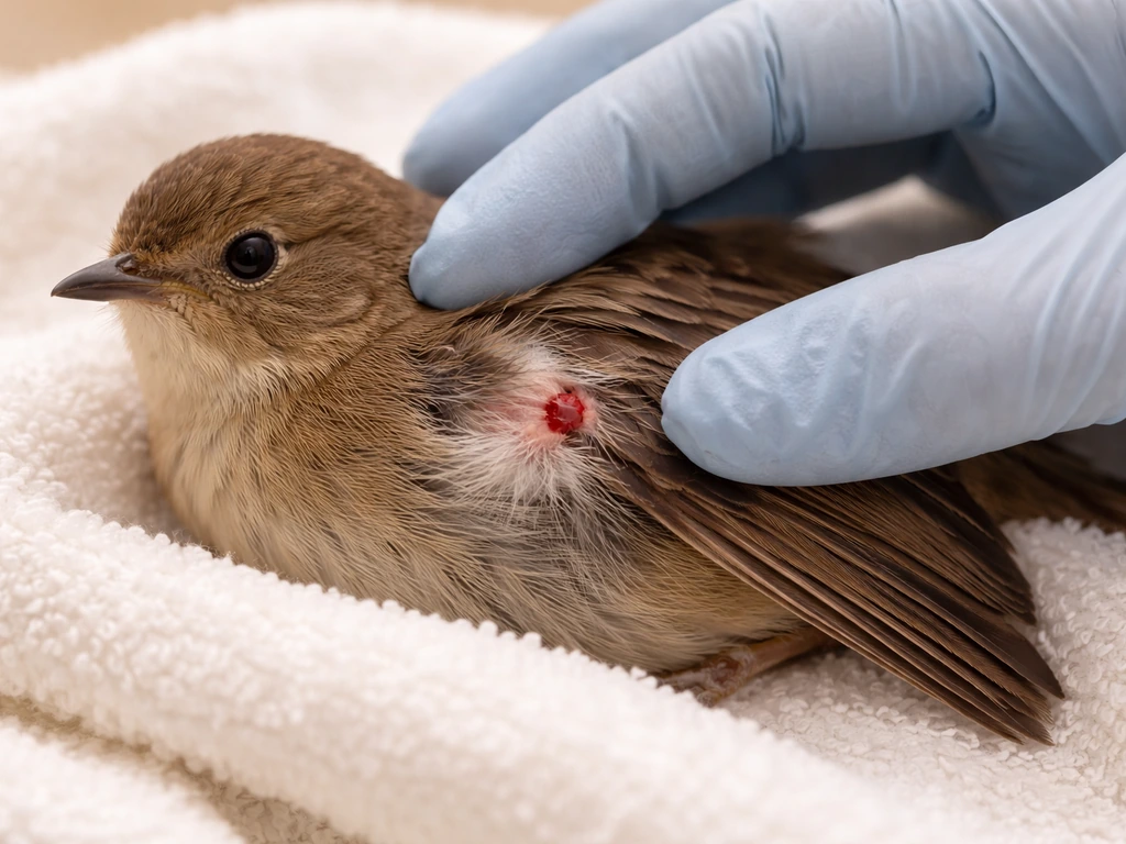 Gloved hand gently inspecting a bird’s minor puncture wound on a clean towel in natural light.