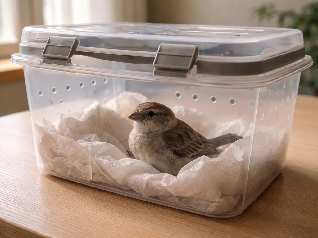 Small bird calm inside a vented plastic container lined with soft material indoors.