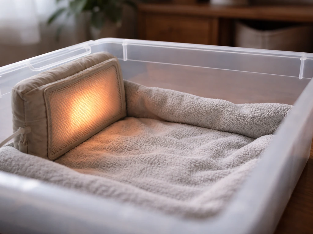 Temporary recovery box with a safely placed hand warmer/heating pad against the side indoors