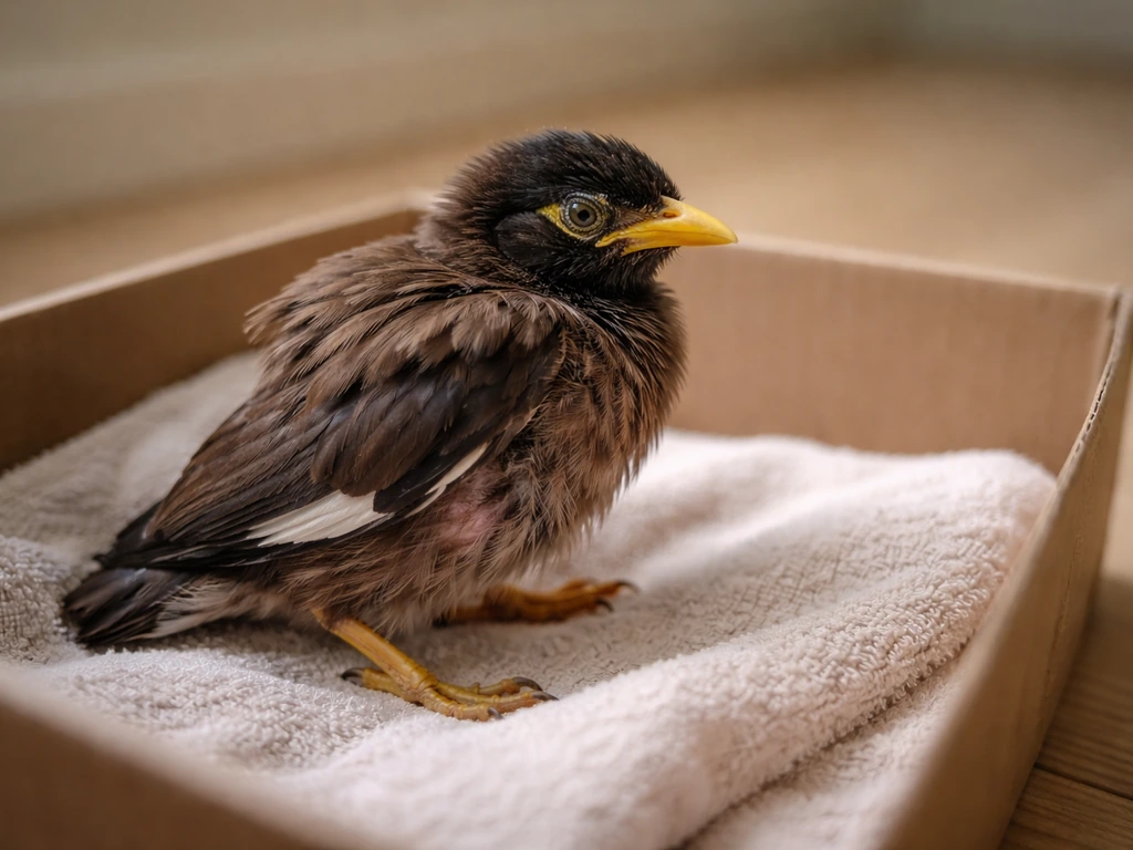 Close-up of a mynah bird in a safe lined box, with ruffled/bare feathers and closed eyes for assessment.