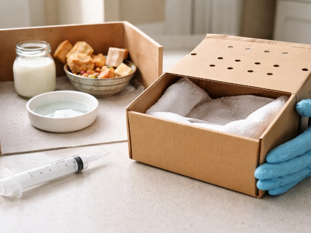 Gloved hands with a towel-lined bird carrier and safe feeding tools, with inappropriate foods kept out of reach