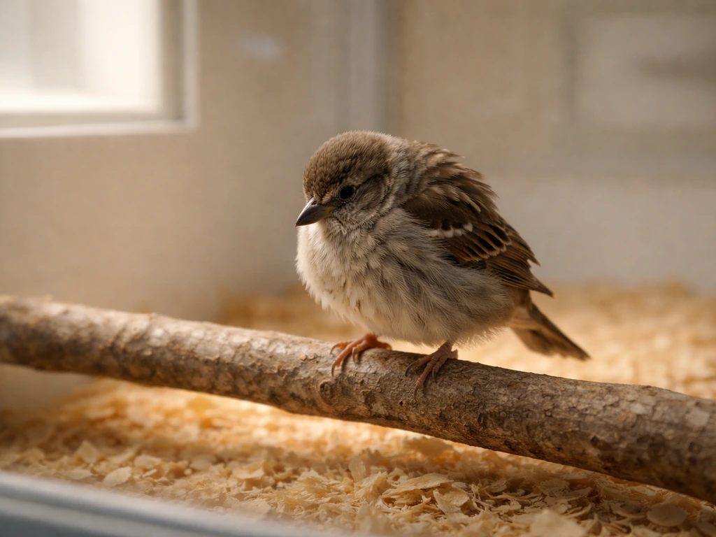 Close-up of a small bird in a calm care room, with ruffled feathers and a simple perch setup