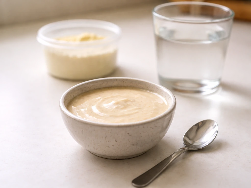 Small bowl of hand-rearing bird formula with a clean spoon, simple kitchen counter setup