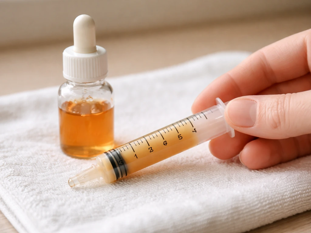 Needle-free syringe filled with warm formula on a clean towel, bubbles removed, close-up view.