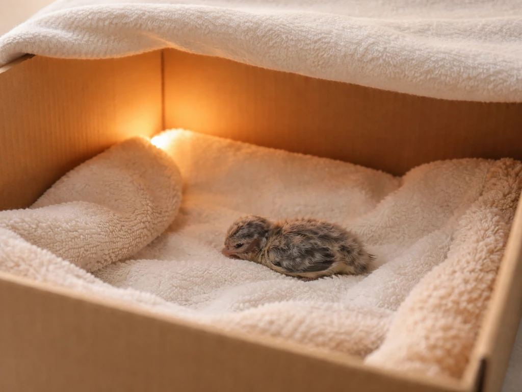 Warm recovery box with soft lining and a small baby bird resting comfortably between feedings.