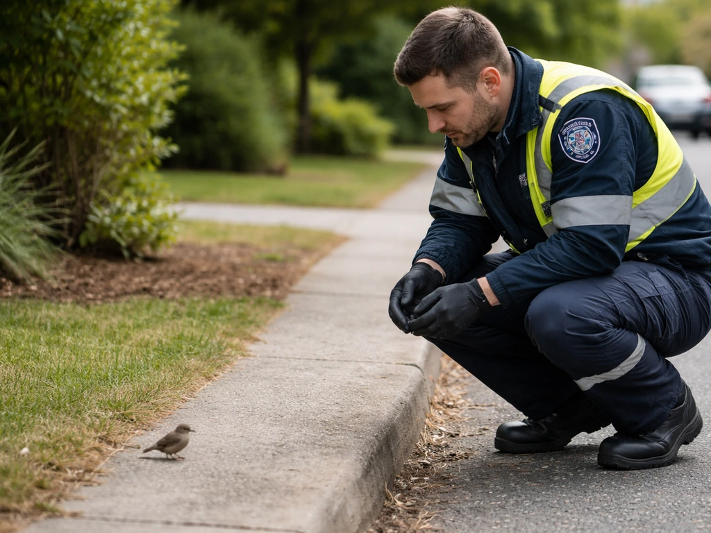 Rescuer kneels and assesses a small bird from a safe distance near a quiet roadside/yard.