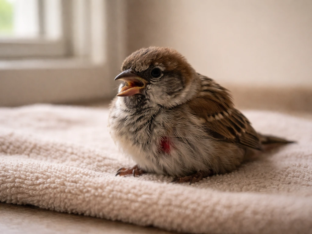 Close-up of a small injured bird with open-mouth breathing in a quiet, safe indoor setting.