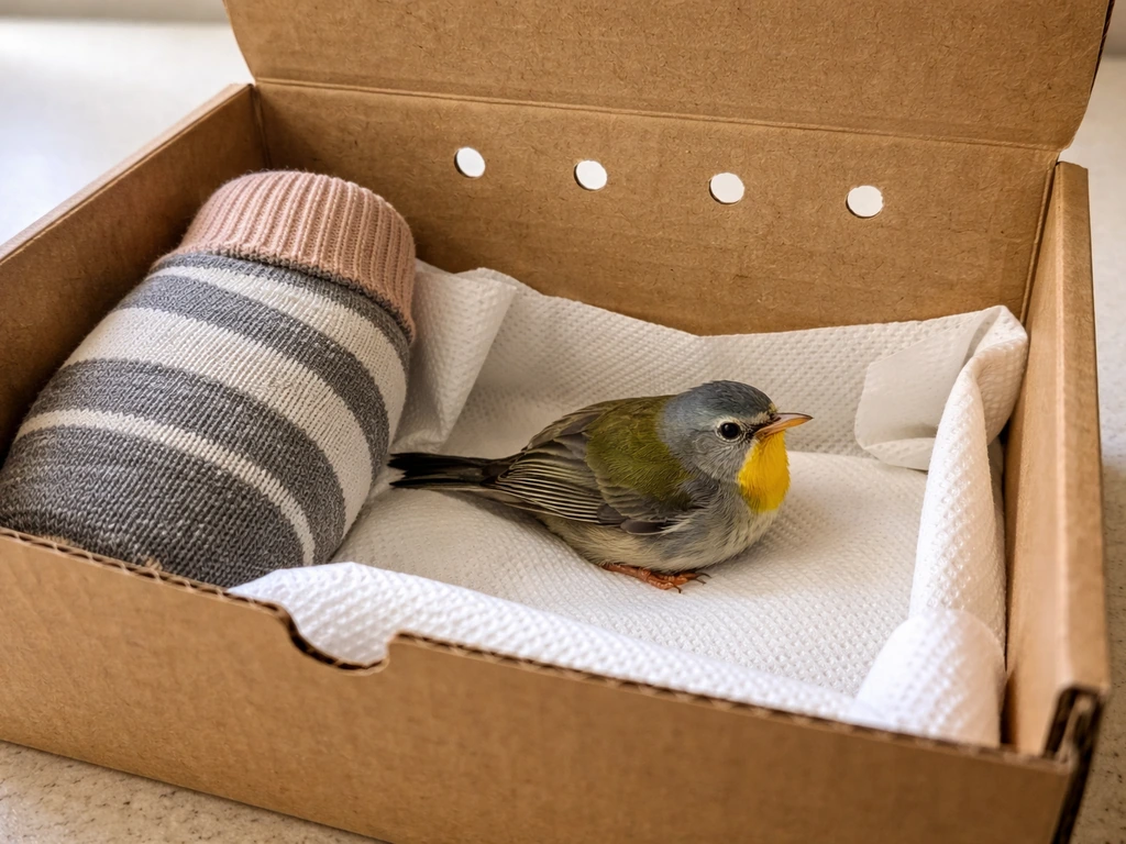 In a ventilated cardboard box lined with paper towels, a warm sock-covered bottle sits beside a small bird