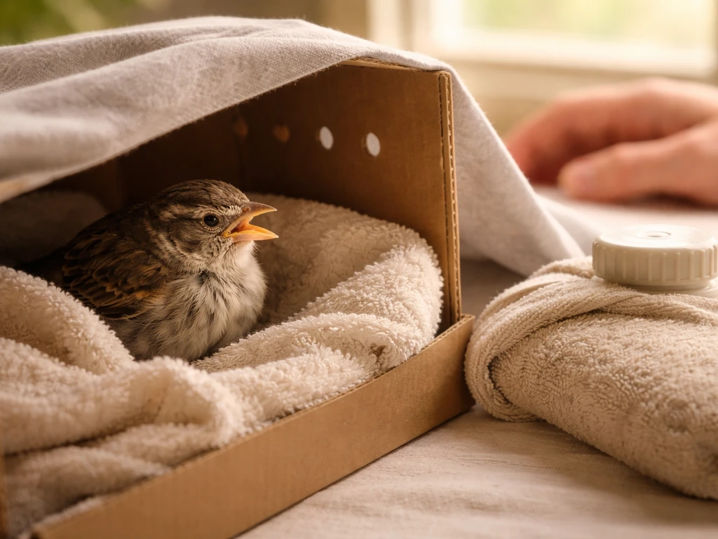 A small injured bird rests in a warm, quiet recovery box with a safe heat source nearby.