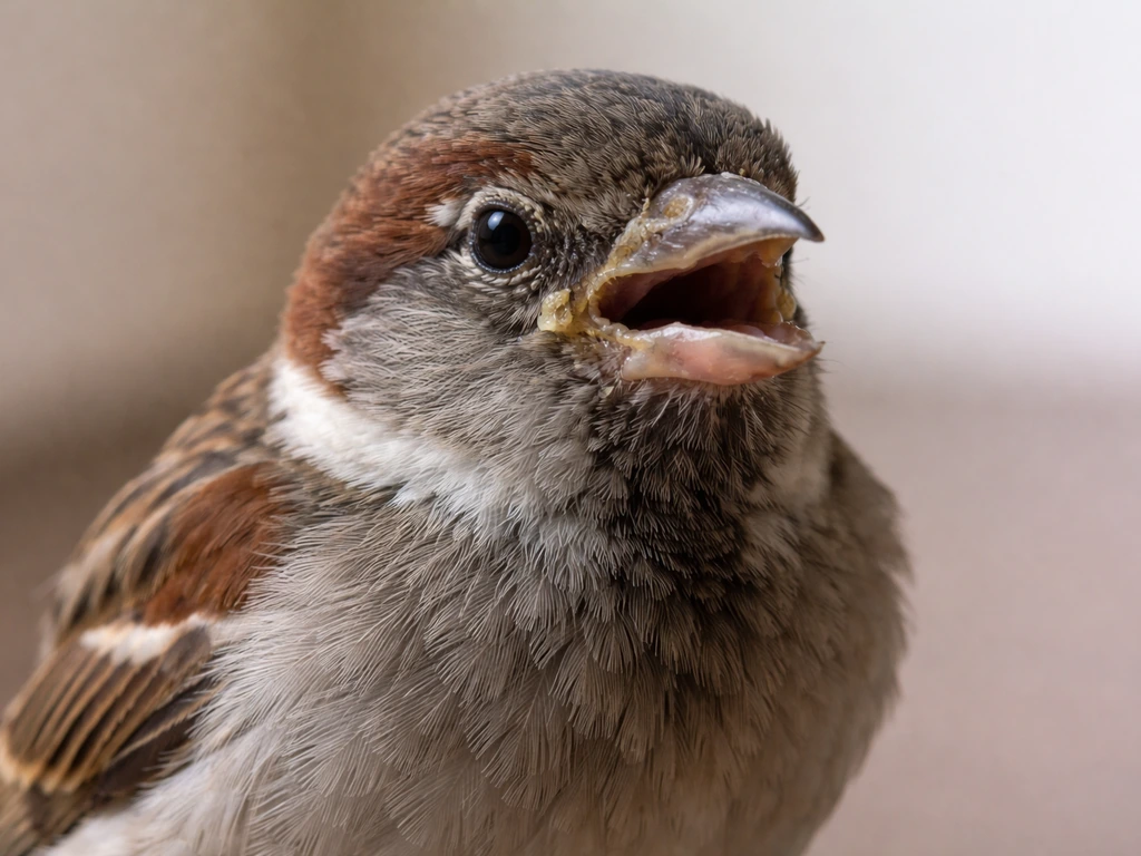 Close-up of a small bird with open-mouth breathing and discharge near the nostrils/eye.