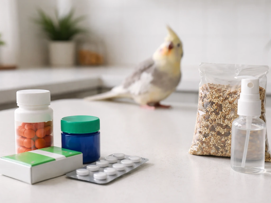 Assorted human medication bottles and topical ointments beside a small bird-safe warning scene