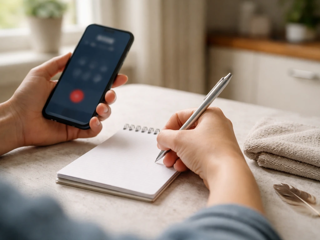 Person taking notes beside a phone call, preparing to contact a vet about a bird with breathing trouble