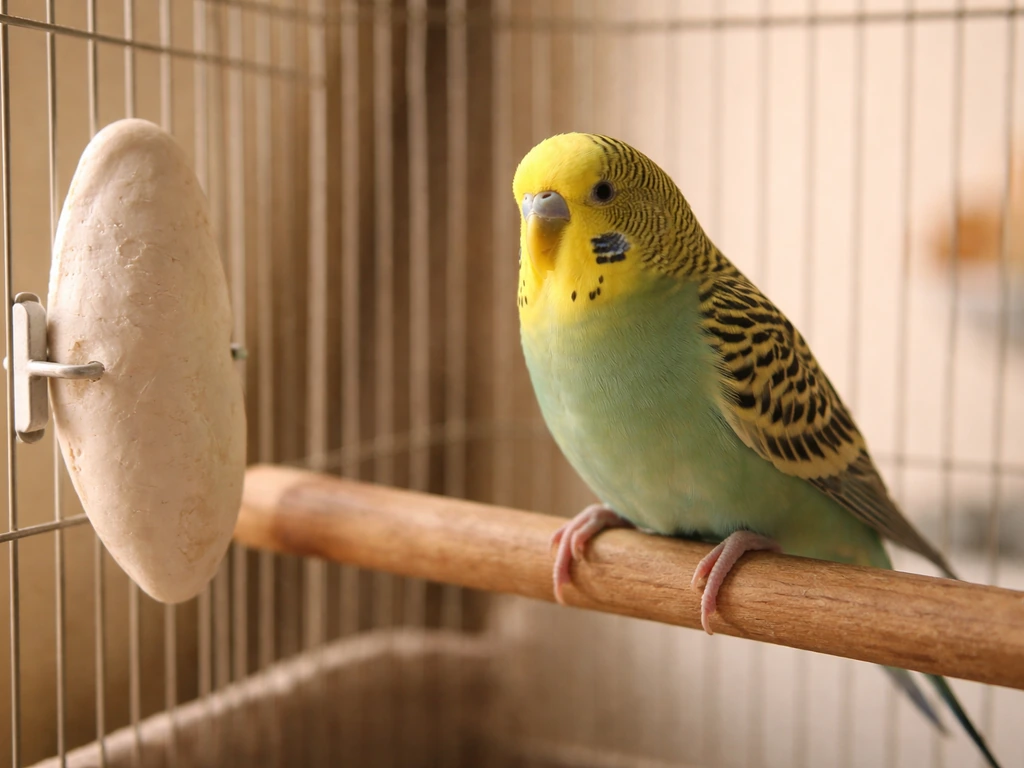 A small pet bird calmly perched near a cage-mounted cuttlebone mineral source in soft natural light.