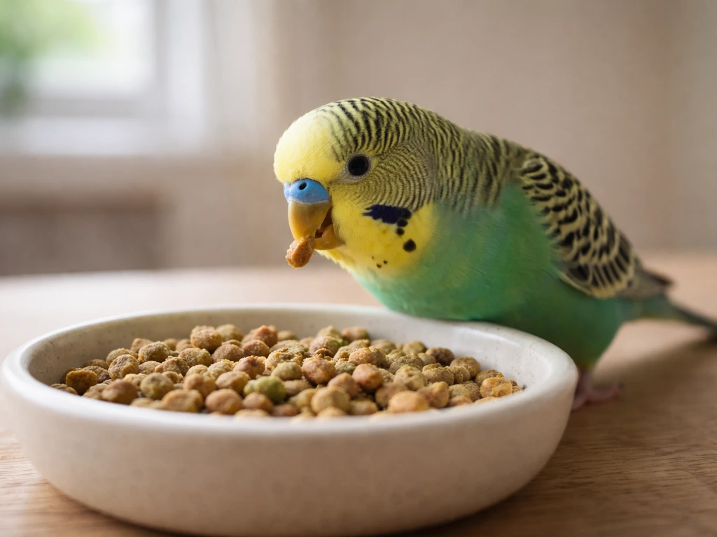 Small pet bird eating pellets from a shallow ceramic bowl in a quiet, sunlit room.