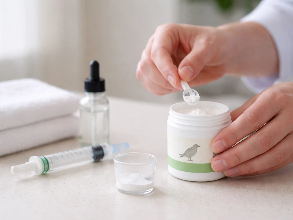 A clinician prepares bird-safe calcium supplement in a quiet room with a small dosing setup