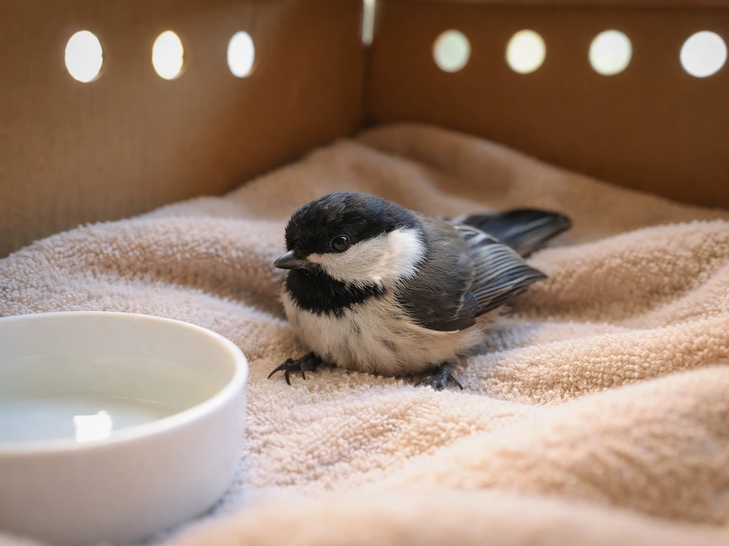 In a quiet, safe indoor setting, a small bird lies unable to stand, signaling urgent veterinary or rehab help.