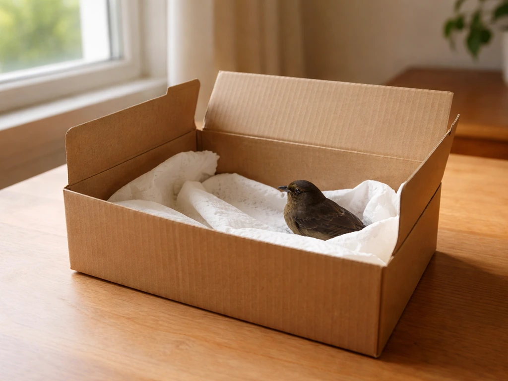 Small calm bird silhouette resting in a lined recovery box by a window in soft natural light