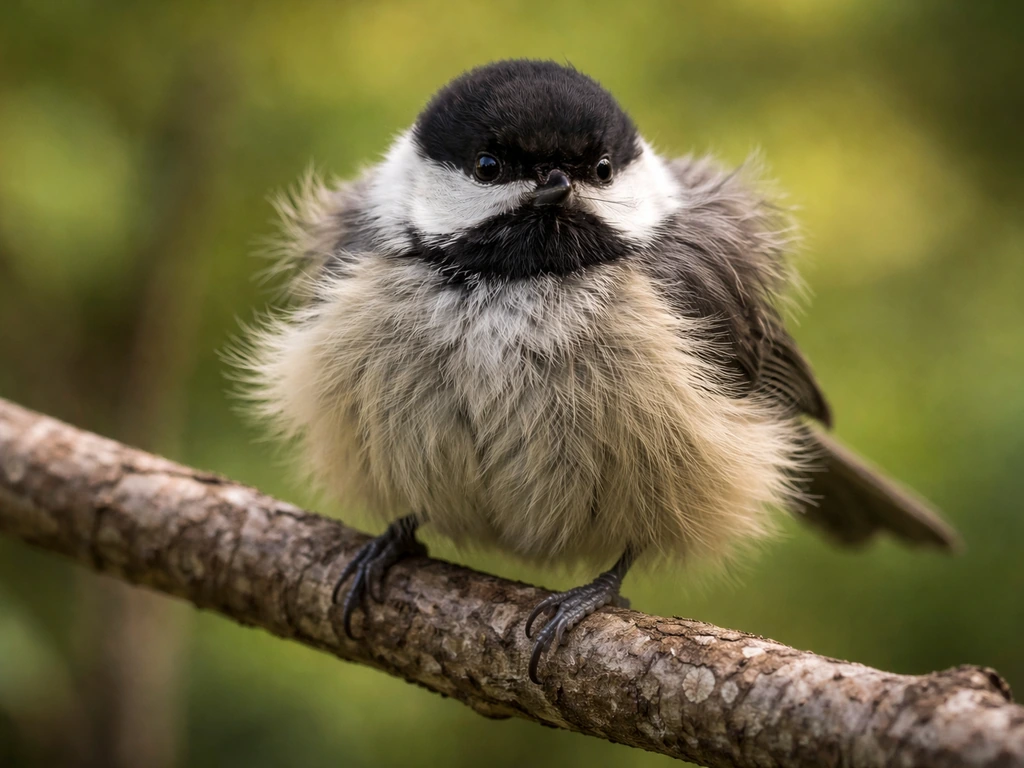 Close-up of a small wild bird with fluffed feathers, perched calmly in natural light.
