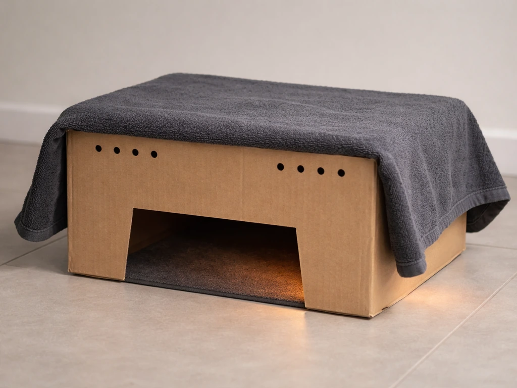 Cardboard recovery box with dark cover, warm heating pad side, and ventilation holes; no bird or food visible.
